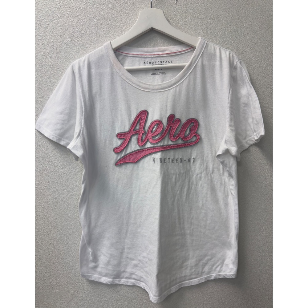 Aeropostale Womens Graphic T Shirt White Pink Aero ‎ XL Nineteen-87 Y2k Preppy